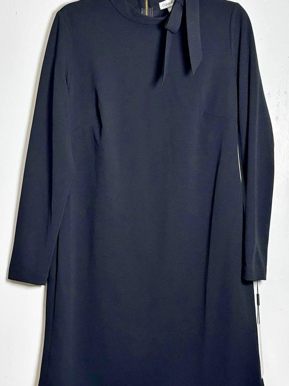 Calvin Klein Tie Neck Long Sleeve Shift Dress Black Size 12 NWT